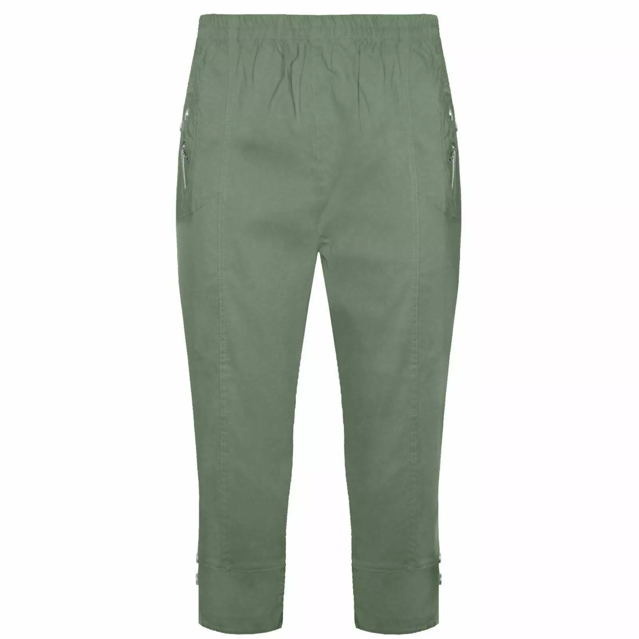 Ladies khaki green 3/4 cropped trousers with zip pocket and button detail summer fashion